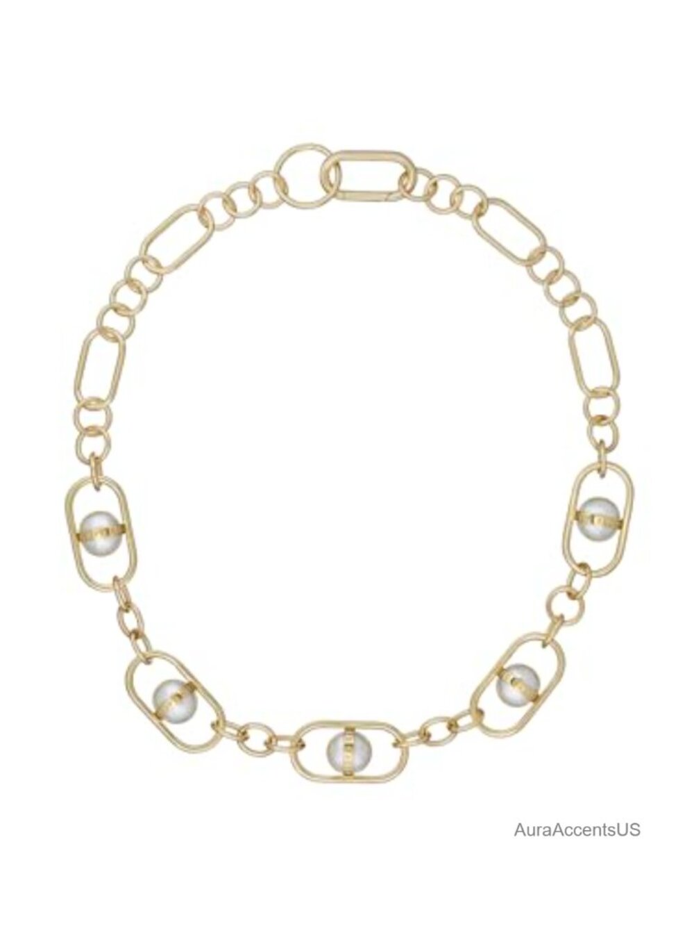 Gold Tone Plated Brass Faux Pearl Statement Chain Necklace for Women